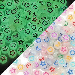Luminous Translucent Acrylic Beads, with Enamel, Glow In The Dark, Flat Round with Heart & Star & Moon, Mixed Color, 7x3.6mm, Hole: 1.3mm, 100pcs/bag(LUMI-PW0001-184A)