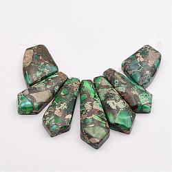 Assembled Gold Line and Imperial Jasper Beads Strands, Dyed, Sagittate, Sea Green, 19~44x15~27x6~7mm, Hole: 1.5mm, about 7pcs/strand, 3.74 inch(9.5cm)(G-P297-H01)