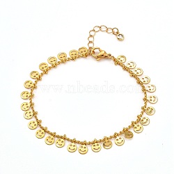 Flat Round with Smiling Face Brass Charm Bracelets, with Curb Chains and Cubic Zirconia, Golden, 7-1/2 inch(19cm)(BJEW-JB06650-02)