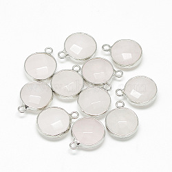 Natural Rose Quartz Pendants, with Brass Findings, Faceted, Flat Round, Platinum, Misty Rose, 19~21x15~16x6~7mm, Hole: 2mm(G-Q964-06P)