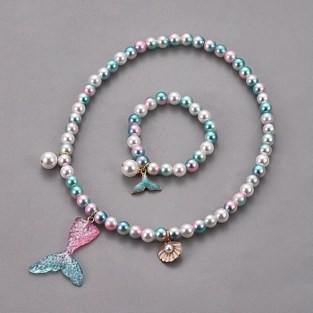 Plastic Imitation Pearl Stretch Bracelets and Necklace Jewelry Sets, with Mermaid Tail Shape Resin Pendants and Alloy Enamel Pendants, Whale Tail Shape, Shell, Sky Blue, 1-5/8 inch(4cm), 15.7 inch(40cm)
