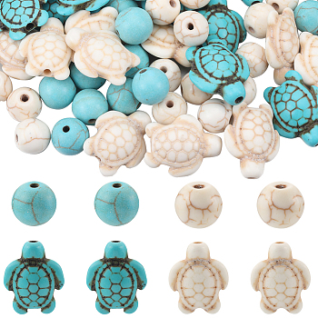 200Pcs 4 Style DIY Beads Kits, Including Synthetic Turquoise & Howlite & Magnesite Beads, Turtle & Round, Mixed Dyed and Undyed, 8~18x8~14x6~8mm, Hole: 1mm, 50pcs/style