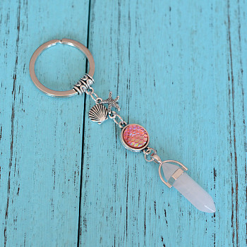 Natural Rose Quartz Bullet Pendant Keychains, with Alloy Starfish & Shell Shape, 3.5cm