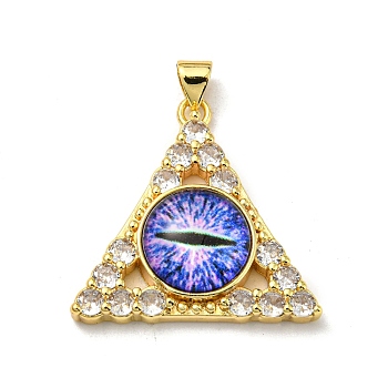 Real 18K Gold Plated Brass Pendants, with Glass and Acrylic, Triangle With Evil Eye Charms, Mauve, 27x28x7mm, Hole: 4x3.5mm
