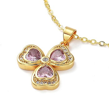 Golden Brass Rhinestone Pendant Necklace with Cable Chains, Clover, 17.72 inch(45cm), Clover: 20x16x4mm