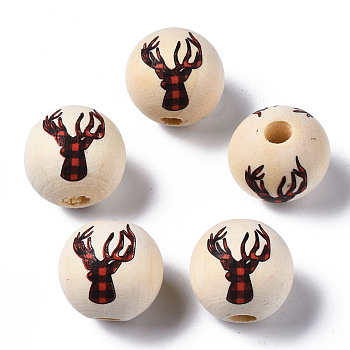 Unfinished Natural Wood European Beads, Large Hole Beads, Printed, Round with Reindeer, Old Lace, 16x15mm, Hole: 4mm
