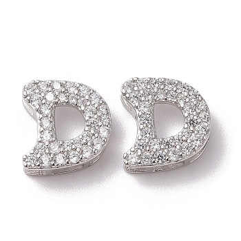 925 Sterling Silver Micro Pave Cubic Zirconia Beads, Real Platinum Plated, Letter D, 9.5x9x3.5mm, Hole: 2.5x1.5mm