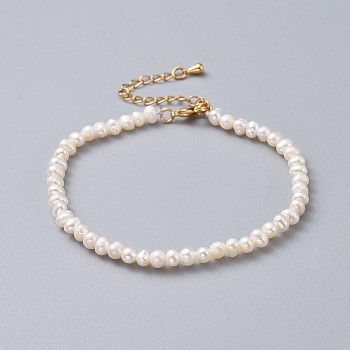Natural Freshwater Pearl Beads Bracelets, with Brass Extender Chains and Burlap Packing Pouches Drawstring Bags, Golden, White, 7-1/2 inch(19cm)