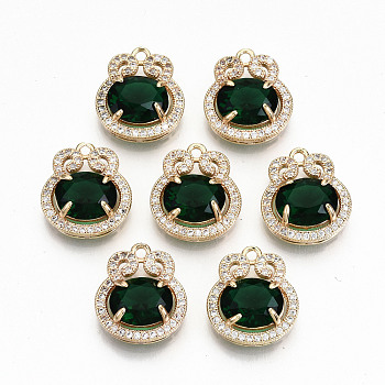 Brass Glass Rhinestone Pendants, with Micro Pave Clear Cubic Zirconia, Long-Lasting Plated, Cadmium Free & Lead Free, Flat Round, Light Gold, Emerald, 17x15x6mm, Hole: 1.5mm