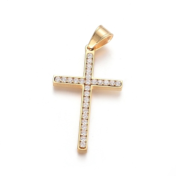 Ion Plating(IP) 304 Stainless Steel Pendants, with Crystal Rhinestone, Cross, Golden, 43.5x25.5x3.5mm, Hole: 5x7.5mm