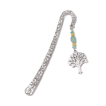 Natural Malaysia Jade & Green Aventurine Beaded Pendant Bookmarks with Alloy Tree of Life, Flower Pattern Hook Bookmarks, Antique Silver, 123.5x21x2.5mm, Pendant: 60.5x25x5.5mm