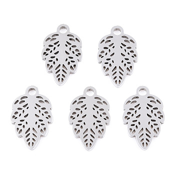 304 Stainless Steel Pendants, Leaf Charm, Stainless Steel Color, 12x7.5x1mm, Hole: 1.4mm