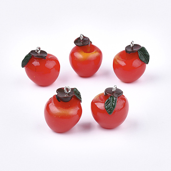 Resin Pendants, with Platinum Tone Iron Findings, Imitation Food, Apple, Red, 23~27x21~22x19~20mm, Hole: 2mm