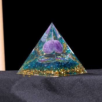 Resin Organite Pyramids, with Natural Amethyst, Home Display Decorations, 60x60mm