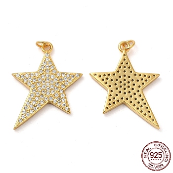925 Sterling Silver Micro Pave Cubic Zirconia Pendants, Star Charm, with Jump Ring, Real 18K Gold Plated, 19.5x17x2mm, Hole: 2.3mm