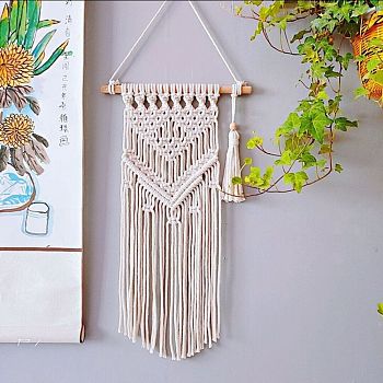 Cotton Cord Macrame Woven Wall Hanging, with Plastic Non-Trace Wall Hooks, for Nursery and Home Decoration, Floral White, 770x250x21mm