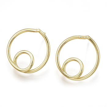 Brass Stud Earrings, Real 18K Gold Plated, 21x20mm, Pin: 0.7mm