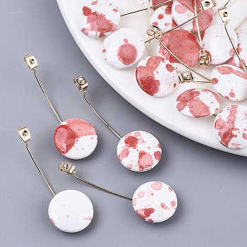 Handmade Porcelain Friction Ear Nuts, Famille Rose Porcelain, with Brass Findings, Flat Round, Real 18K Gold Plated, Salmon, 48~49mm, Flat Round: 17~18mm, Friction Ear Nuts: 7x4mm