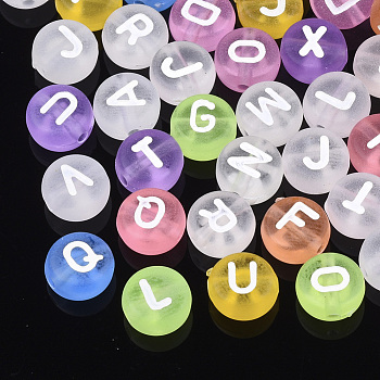 Transparent Acrylic Beads, Horizontal Hole, Flat Round with Letter, Mixed Color, 7x3.5mm, Hole: 1.2mm