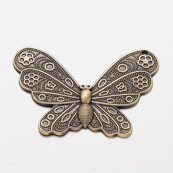 Tibetan Style Alloy Butterfly Large Pendants for Necklace Design, Nickel Free, Antique Bronze, 60.5x41x1.3mm, Hole: 2mm