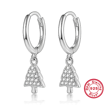 Christmas Trees Cubic Zirconia Dangle Hoop Earrings, Rhodium Plated 925 Sterling Silver Earrings with S925 Stamp, Platinum, 21x6mm