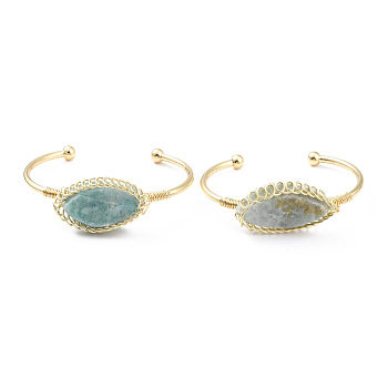 Natural Amazonite Horse Eye Wrapped Cuff Bangle, Brass Torque Bangle for Women, Golden, Cadmium Free & Lead Free, Inner Diameter: 2-1/4 inch(5.8cm)