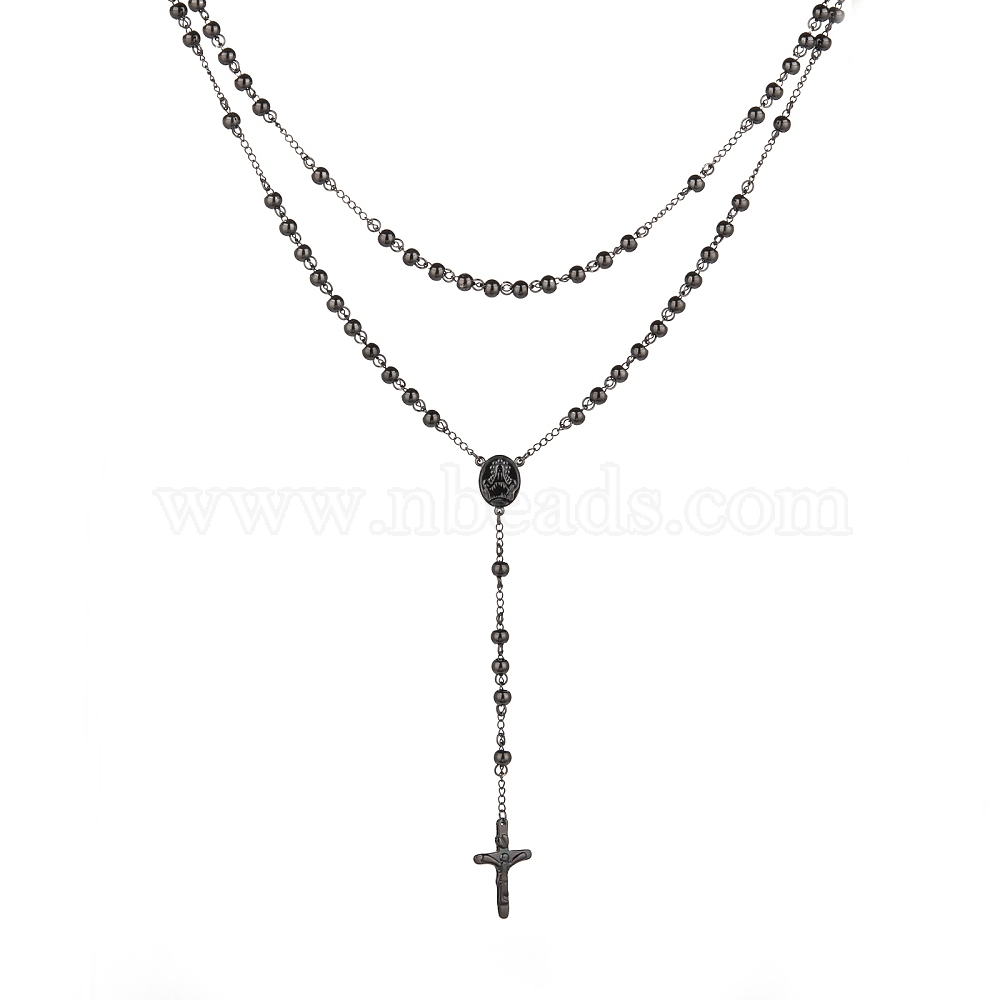 Men S Rosary Bead Necklace With Crucifix Cross 304 Stainless Steel Necklace For Easter Black 19 7 Inches 50cm