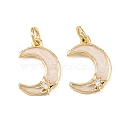 Brass Micro Pave Clear Cubic Zirconia Pendants, Moon Charm, with Enamel & Jump Ring, Long-Lasting Plated, Cadmium Free & Lead Free, Real 18K Gold Plated, 16x11.5x2.5mm, Hole: 3.4mm(KK-F919-37A-G)