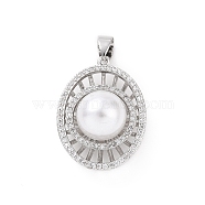 Eco-friendly Rack Plating Brass Micro Pave Cubic Zirconia Pendants, with ABS Platic Imitation Pearls, Cadmium Free & Lead Free, Long-Lasting Plated, Oval Eye Charm, Platinum, 28x20.5x13mm, Hole: 4x5.5mm(KK-F843-15P)