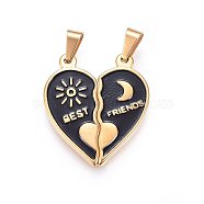 304 Stainless Steel Split Pendants, with Enamel, Heart with Moon & Sun, with Word, Golden, 36x31x2.5mm, Hole: 9x5mm, One side: 36x16x2.5mm, Another side: 36x15x2.5mm(STAS-O108-08G)