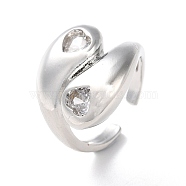 Rack Plating Brass with Clear Cubic Zirconia Open Cuff Rings, Teardrop with Heart, Platinum, Inner Diameter: 17mm(RJEW-M158-06P)