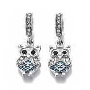 Alloy European Dangle Charms, with Crystal & Jet Rhinestone and Enamel, Large Hole Pendants, Owl, Platinum, Turquoise, 27mm, Hole: 5mm, Owl: 17x10x2mm(MPDL-N039-004)