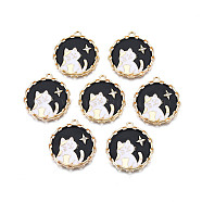 Alloy Enamel Pendants, with Crystal Rhinestone, Cadmium Free & Nickel Free & Lead Free, Light Gold, Flat Round with Cat & Star, Black, 26x23.5x2mm, Hole: 1.6mm(ENAM-N055-102A)