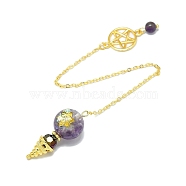 Round Resin Dowsing Pendulum Big Pendants, Natural Amethyst Chip Inisde and Cadmium Free & Lead Free Golden Plated Brass Findings, Cone Charm, 215mm(G-C117-01G-10)