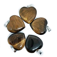 Valentine's Day Natural Tiger Eye Pendants, Heart Charms with Platinum Plated Metal Snap on Bails, 20mm(PW-WG34610-07)
