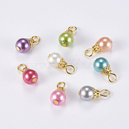 Glass Pearl Pendants, with Iron Findings, Round, Golden, 16x8mm, Hole: 2~3mm(IFIN-F142-06G)