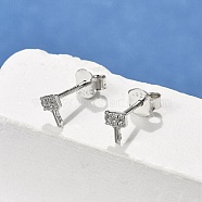 Key S925 Sterling Silver Micro Pave Clear Cubic Zirconia Stud Earrings for Women, Platinum, 6x4mm(EJEW-K307-03B-P)