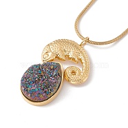 Natural Quartz Lizard with Teardrop Pendant Necklace with 304 Stainless Steel Snake Chain, Druzy Gemstone Jewelry for Women, Golden, Rainbow Color, 17.72 inch(45cm)(NJEW-K244-05G)