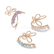 3Pcs 3 Style Light Gold Brass Wire Wrap Butterfly Open Cuff Rings, Natural Mixed Gemstone Round Beaded Stackable Rings, Inner Diameter: 20mm, 1Pc/style(RJEW-JR00655)