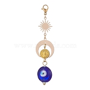 Handmade Lampwork Evil Eye Pendant Decorations, with Brass Star/Moon and Lobster Claw Clasps Charm, Flat Round with Saint & Cross, Mixed Color, 75mm(HJEW-JM01027)