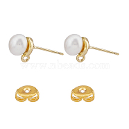 5 Pair Natural Pearl Round Stud Earrings Findings, with Vertical Loops & Brass Pins & Friction Ear Nuts, Real 18K Gold Plated, 10x7.5mm, Hole: 0.6mm, Pin: 0.6mm(KK-HY0001-79)