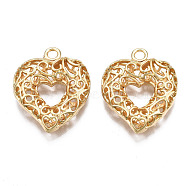 Brass Pendants, Hollow, Nickel Free, Heart, Real 18K Gold Plated, 27.5x22.5x6.5mm, Hole: 2.6mm(KK-S356-394-NF)