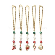Christmas Alloy Enamel Pendant Decorations, with Resin Round Beads and 304 Stainless Steel Curb Chains, Snowflake/Sock/Bell/Tree/Candy Cane, Mixed Color, 168~173mm(HJEW-JM01153)