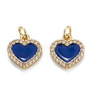 Brass Micro Pave Clear Cubic Zirconia Pendants, with Enamel, Real 18K Gold Plated, Long-Lasting Plated, Heart, Midnight Blue, 12x11x2mm, Hole: 3.2mm(ZIRC-M115-43G-C)