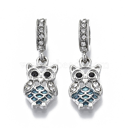 Alloy European Dangle Charms, with Crystal & Jet Rhinestone and Enamel, Large Hole Pendants, Owl, Platinum, Turquoise, 27mm, Hole: 5mm, Owl: 17x10x2mm(MPDL-N039-004)