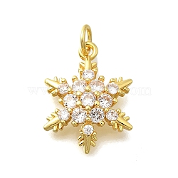 Brass Micro Pave Cubic Zirconia Pendants, Snowflake Charms, Lead Free & Cadmium Free, Real 18K Gold Plated, Rack Plating, with Jump Ring, Real 18K Gold Plated, 18.5x14x4mm, Hole: 3mm(KK-D295-22G)