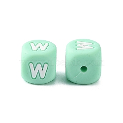 Silicone Beads for Bracelet or Necklace Making, Turquoise Cube with Word, Letter.W, 12x12x12mm, Hole: 3mm(SIL-TAC001-04A-W)