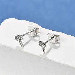 Key S925 Sterling Silver Micro Pave Clear Cubic Zirconia Stud Earrings for Women, Platinum, 6x4mm(EJEW-K307-03B-P)