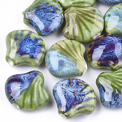 Handmade Porcelain Beads, Fancy Antique Glazed Porcelain, Shell, Green, 28~29x32~33x12.5~14mm, Hole: 3~3.5mm(PORC-S498-36E)