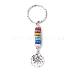 Tibetan Style Alloy Flat Round with Tree of Life Keychain, with Iron Split Key Rings and Chakra Natural Lava Rock, Antique Silver, 8.1cm(KEYC-JKC00558)